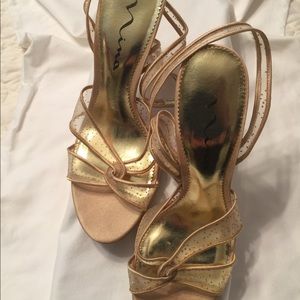 Nina Gold Satin and Mesh Platform Stilettos